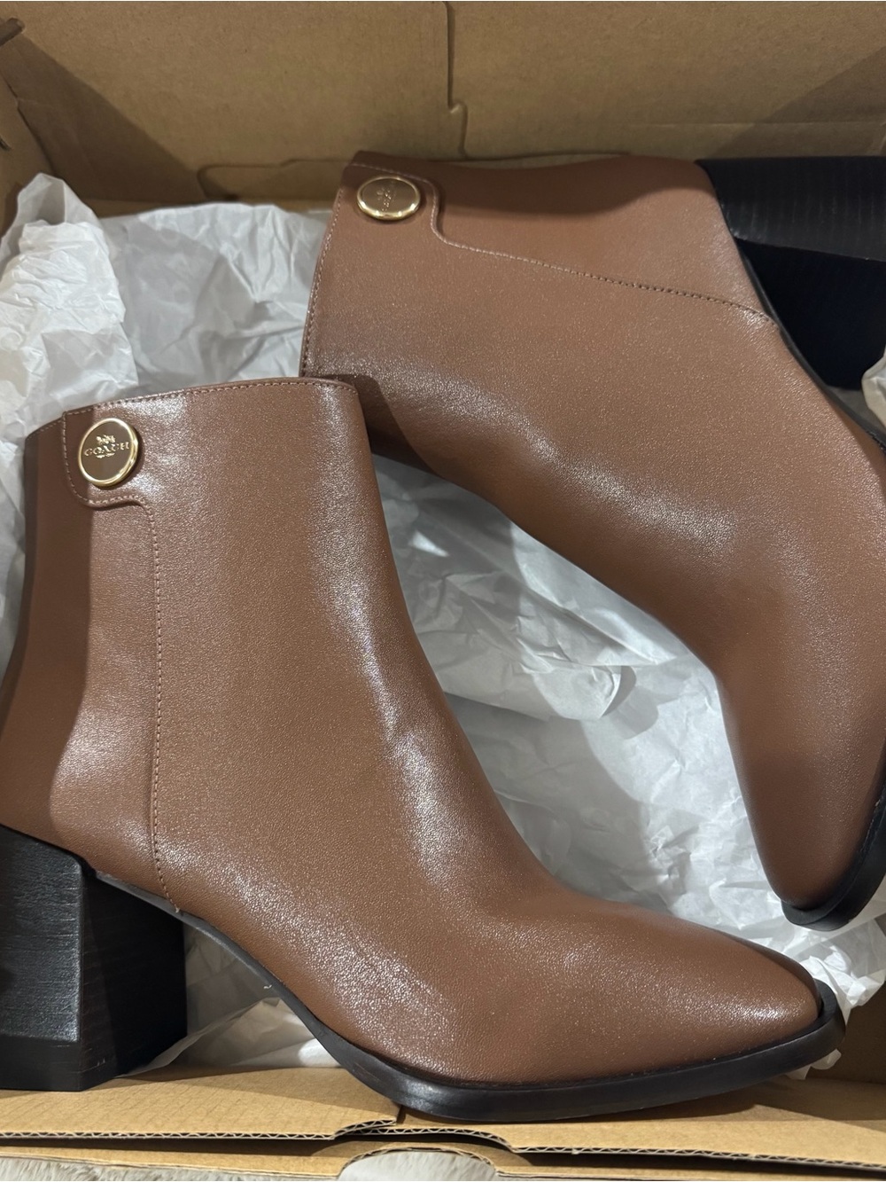 Coach Brown Leather Ankle Booties with Gold Logo Button